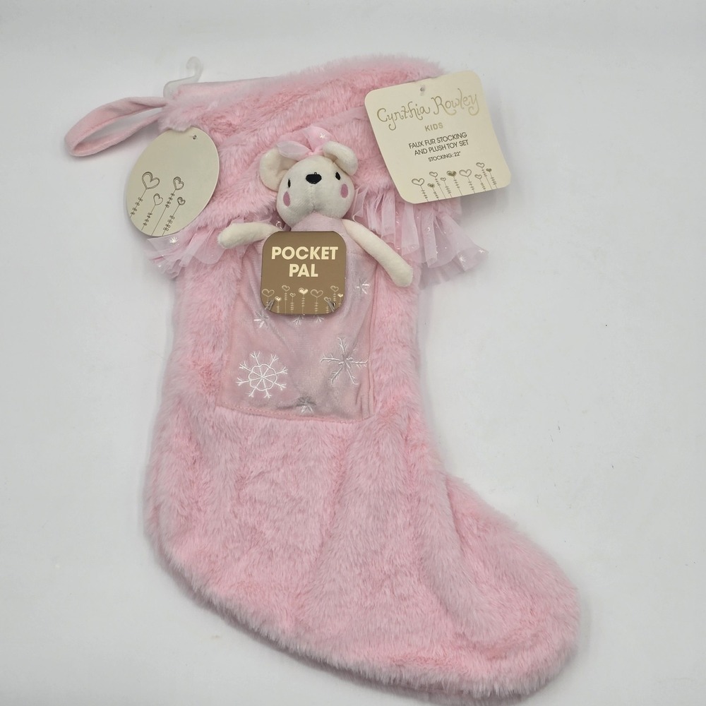 Cynthia Rowley Kids Pink Christmas Stocking 22"‎ Pocket Pal Plush Mouse NWT